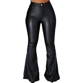 سروال ضيق من الجلد الصناعي للسيدات من Zebaexf، سروال ضيق من الجلد عالي الخصر ذو جرس سفلي in Kuwait