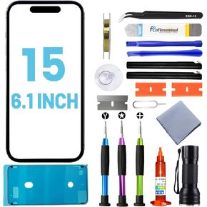 for iPhone 15 Screen Replacement, Glass Replacement for iPhone 15 6.1 inch, Screen Repair Kit with Waterproof Adhesive(NO OLED & Touch Digitizer)