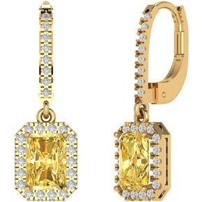 5.8ct Brilliant Emerald Cut Halo Drop Dangle Natural Citrine Solid 18k Yellow Gold Earrings Lever Back