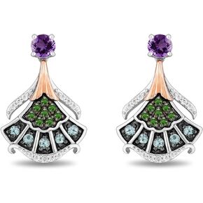 Jewelili Enchanted Disney Fine Jewelry The Little Mermaid Black Rhodium over Sterling Silver and 10K Rose Gold with 1/10 CTTW Diamond and Amethyst with Green Tourmaline and Swiss Blue Topaz Ariel Earrings