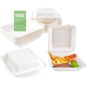 AUEAR, 8 Inch -3 Compartment [100 Pack], Compostable Clamshell Take Out Food Containers, To Go Boxes for Food, Natural Disposable Clamshell Food Container, Heavy - Duty To-Go Containers