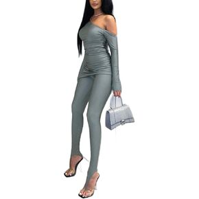 REASERAL Sexy Outfit for Women 2 Piece Off the Shoulder Sloping Neck Top Bodycon Pants Club Bar Sets