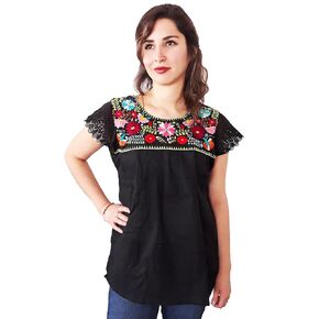 Mexican Blouse Handmade Embroidered Open Back With Flowers Pattern And Lace Sleeves N (S)