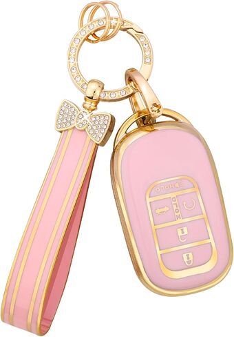 غطاء مفتاح PIFOOG Key Fob لسيارة Honda 2024 2023 CRV HRV Civic Accord Pilot ملحقات مفاتيح السيارة باللون الوردي والذهبي 5 أزرار حافظة مفاتيح بلينغ سلسلة مفاتيح كيرينغ أغطية كاملة حامية جرلي لطيف للنساء من مادة TPU in Kuwait