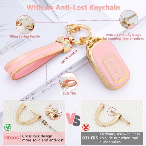 غطاء مفتاح PIFOOG Key Fob لسيارة Honda 2024 2023 CRV HRV Civic Accord Pilot ملحقات مفاتيح السيارة باللون الوردي والذهبي 5 أزرار حافظة مفاتيح بلينغ سلسلة مفاتيح كيرينغ أغطية كاملة حامية جرلي لطيف للنساء من مادة TPU in Kuwait
