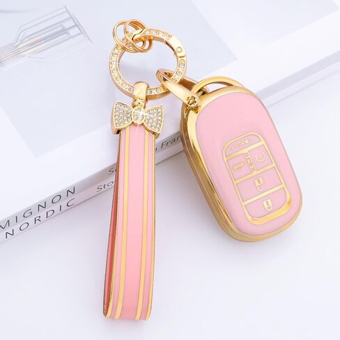غطاء مفتاح PIFOOG Key Fob لسيارة Honda 2024 2023 CRV HRV Civic Accord Pilot ملحقات مفاتيح السيارة باللون الوردي والذهبي 5 أزرار حافظة مفاتيح بلينغ سلسلة مفاتيح كيرينغ أغطية كاملة حامية جرلي لطيف للنساء من مادة TPU in Kuwait