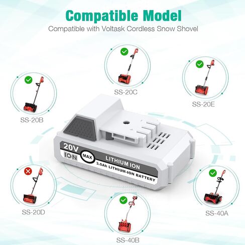 بطارية بديلة من Farmice 20V 3000mAh Li-ion متوافقة مع مجرفة الثلج Voltask 20V SS-20B وSS-20C، حزمة واحدة in Kuwait