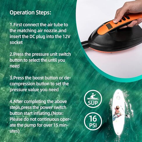 مضخة هواء كهربائية 16PSI SUP، مضخة ضغط عالية ذكية 12 فولت مع وظيفة إيقاف تلقائي ذكية لألواح التجديف القابلة للنفخ in Kuwait