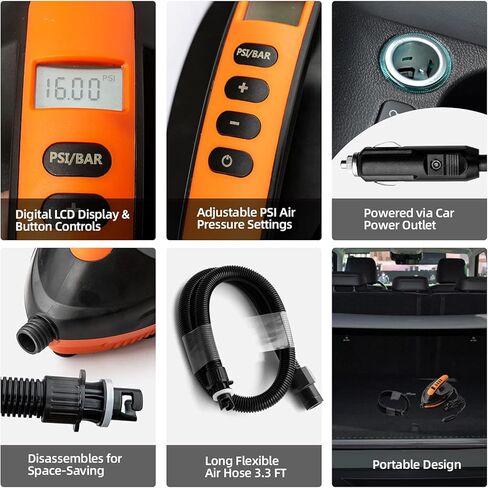 مضخة هواء كهربائية 16PSI SUP، مضخة ضغط عالية ذكية 12 فولت مع وظيفة إيقاف تلقائي ذكية لألواح التجديف القابلة للنفخ in Kuwait