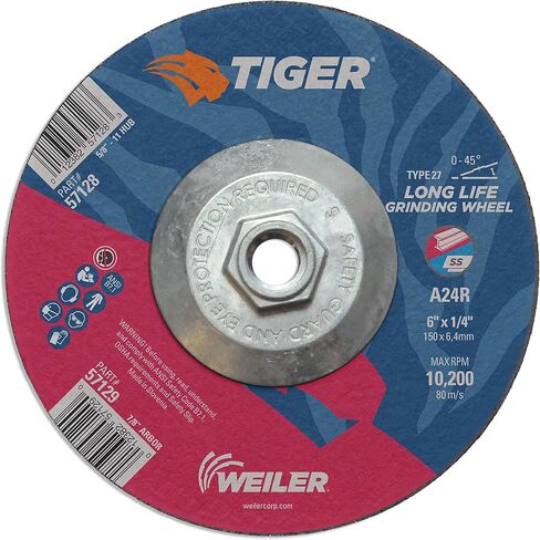عجلة جلخ Weiler 57128 Tiger 6 بوصة، النوع 27، سمك 1/4 بوصة، A24R، 5/8 بوصة -11 صامولة UNC (عبوة من 10) in Kuwait