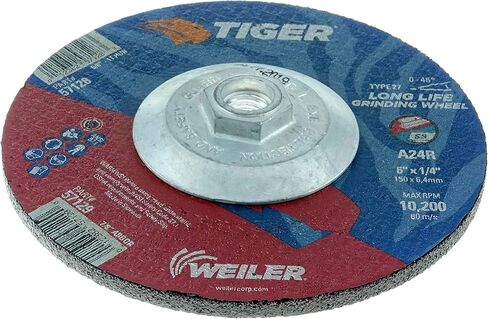 عجلة جلخ Weiler 57128 Tiger 6 بوصة، النوع 27، سمك 1/4 بوصة، A24R، 5/8 بوصة -11 صامولة UNC (عبوة من 10) in Kuwait