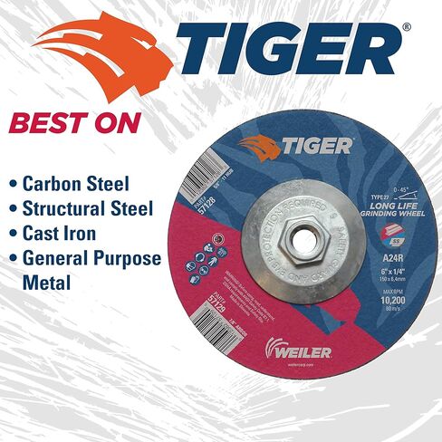 عجلة جلخ Weiler 57128 Tiger 6 بوصة، النوع 27، سمك 1/4 بوصة، A24R، 5/8 بوصة -11 صامولة UNC (عبوة من 10) in Kuwait