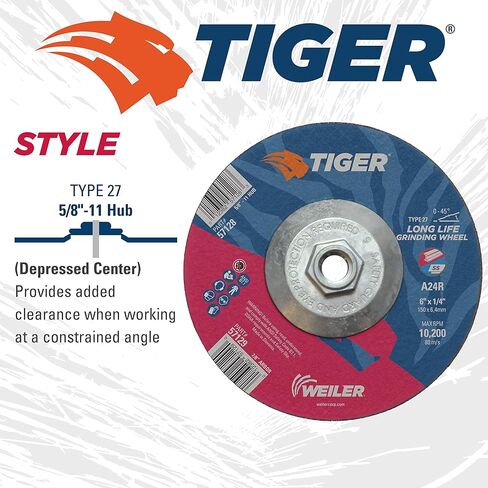 عجلة جلخ Weiler 57128 Tiger 6 بوصة، النوع 27، سمك 1/4 بوصة، A24R، 5/8 بوصة -11 صامولة UNC (عبوة من 10) in Kuwait