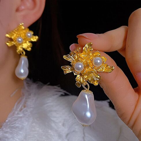Pearl Flower Earrings for Women Gold Large Flower Earrings Baroque Pearl Dangle Drop Earrings Party Prom Earrings for Women Girls in Saudi Arabia