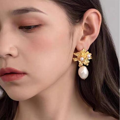 Pearl Flower Earrings for Women Gold Large Flower Earrings Baroque Pearl Dangle Drop Earrings Party Prom Earrings for Women Girls in Saudi Arabia