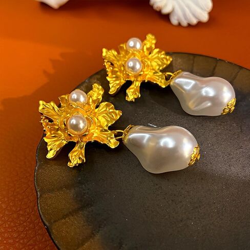 Pearl Flower Earrings for Women Gold Large Flower Earrings Baroque Pearl Dangle Drop Earrings Party Prom Earrings for Women Girls in Saudi Arabia