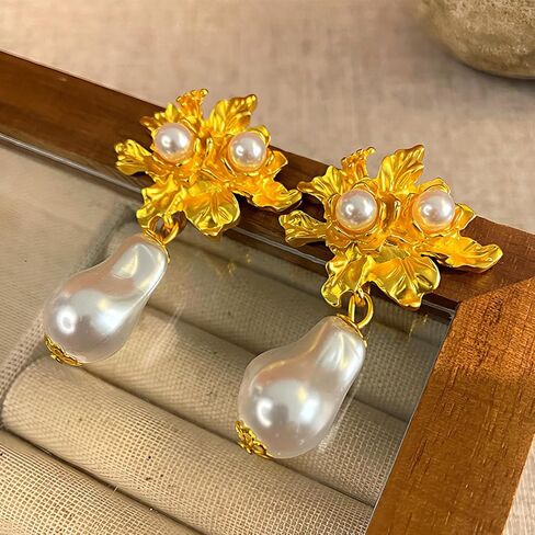 Pearl Flower Earrings for Women Gold Large Flower Earrings Baroque Pearl Dangle Drop Earrings Party Prom Earrings for Women Girls in Saudi Arabia