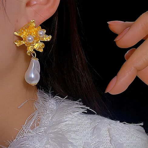 Pearl Flower Earrings for Women Gold Large Flower Earrings Baroque Pearl Dangle Drop Earrings Party Prom Earrings for Women Girls in Saudi Arabia