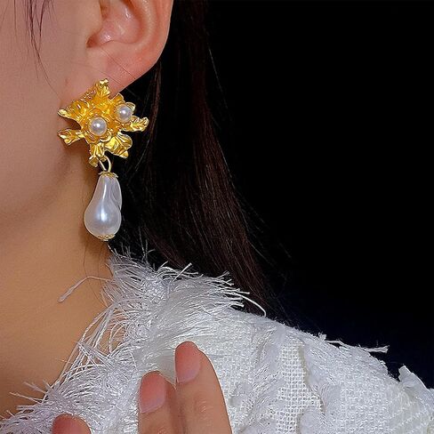 Pearl Flower Earrings for Women Gold Large Flower Earrings Baroque Pearl Dangle Drop Earrings Party Prom Earrings for Women Girls in Saudi Arabia