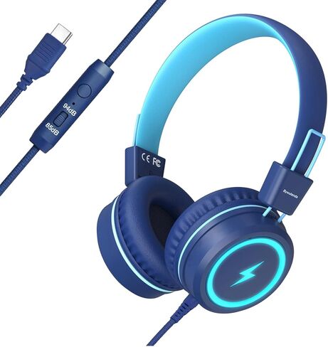 سماعات Bywulanda للأطفال مع أضواء LED للمدرسة، ترقية سماعة رأس USB من النوع C للأطفال مع ميكروفون، محدد الصوت 85/94 ديسيبل، سماعات سلكية على الأذن للأولاد / البنات / الكمبيوتر اللوحي / السفر - أزرق in Kuwait