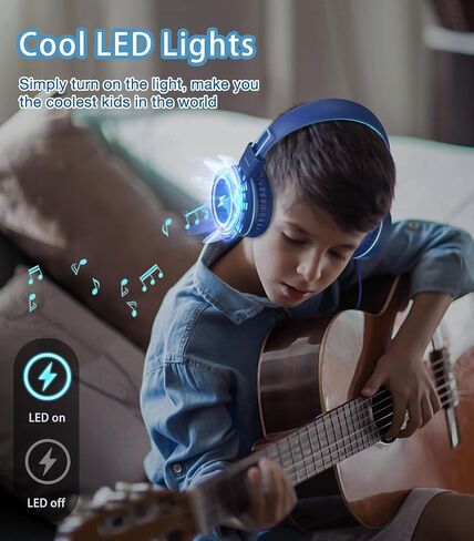 سماعات Bywulanda للأطفال مع أضواء LED للمدرسة، ترقية سماعة رأس USB من النوع C للأطفال مع ميكروفون، محدد الصوت 85/94 ديسيبل، سماعات سلكية على الأذن للأولاد / البنات / الكمبيوتر اللوحي / السفر - أزرق in Kuwait