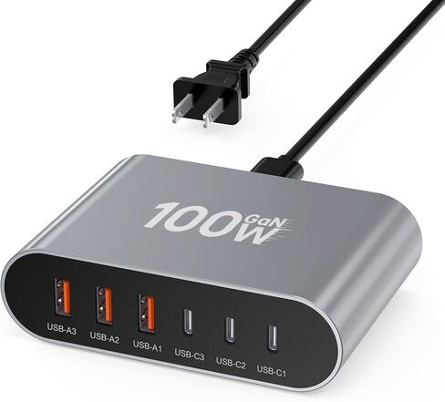 100W USB C Fast Charger Block Compact GaN 6 Port PD USB C and QC USB A Wall Charger Type C Charging Station Hub Adapter Plug Cube Brick for iPhone 15 14 13 12 Pro Max iPad Pro Air Samsung Pixel LG in Saudi Arabia