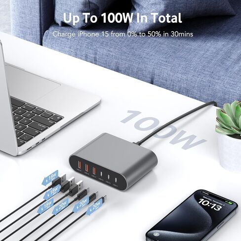 100W USB C Fast Charger Block Compact GaN 6 Port PD USB C and QC USB A Wall Charger Type C Charging Station Hub Adapter Plug Cube Brick for iPhone 15 14 13 12 Pro Max iPad Pro Air Samsung Pixel LG in Saudi Arabia