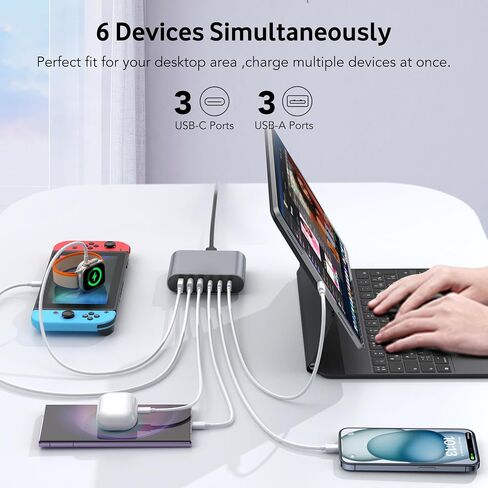 100W USB C Fast Charger Block Compact GaN 6 Port PD USB C and QC USB A Wall Charger Type C Charging Station Hub Adapter Plug Cube Brick for iPhone 15 14 13 12 Pro Max iPad Pro Air Samsung Pixel LG in Saudi Arabia