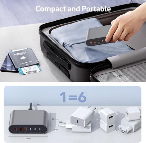 100W USB C Fast Charger Block Compact GaN 6 Port PD USB C and QC USB A Wall Charger Type C Charging Station Hub Adapter Plug Cube Brick for iPhone 15 14 13 12 Pro Max iPad Pro Air Samsung Pixel LG in Saudi Arabia