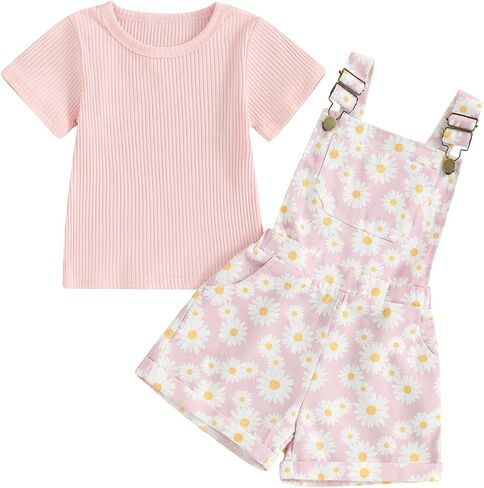 Toddler Baby Girls Summer Outfits T-Shirt Overalls Shorts Set | Short Sleeve Ribbed Shirt, Flower/Apple/Strawberry/Camo/Star/Bee Suspender Overalls, Kid 2Pcs Clothing, Spring Clothes 12M-5Y in Kuwait