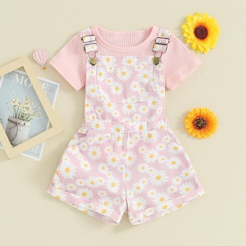 Toddler Baby Girls Summer Outfits T-Shirt Overalls Shorts Set | Short Sleeve Ribbed Shirt, Flower/Apple/Strawberry/Camo/Star/Bee Suspender Overalls, Kid 2Pcs Clothing, Spring Clothes 12M-5Y in Kuwait