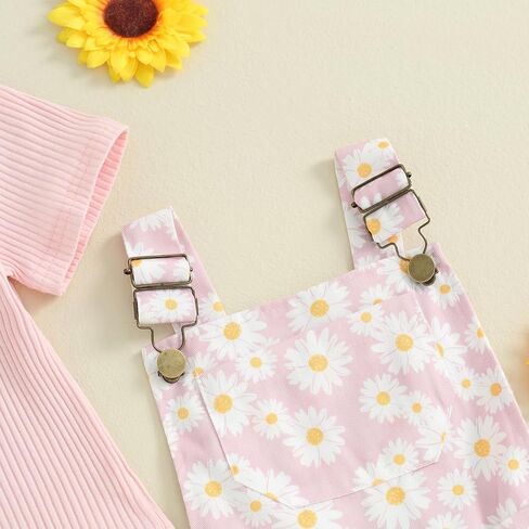 Toddler Baby Girls Summer Outfits T-Shirt Overalls Shorts Set | Short Sleeve Ribbed Shirt, Flower/Apple/Strawberry/Camo/Star/Bee Suspender Overalls, Kid 2Pcs Clothing, Spring Clothes 12M-5Y in Kuwait