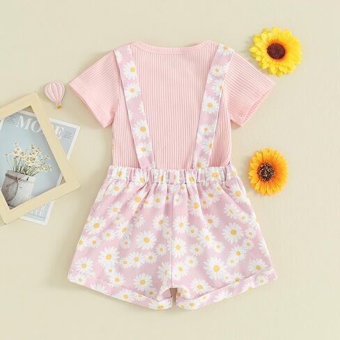 Toddler Baby Girls Summer Outfits T-Shirt Overalls Shorts Set | Short Sleeve Ribbed Shirt, Flower/Apple/Strawberry/Camo/Star/Bee Suspender Overalls, Kid 2Pcs Clothing, Spring Clothes 12M-5Y in Kuwait