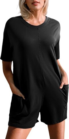 Happy Sailed Rompers for Women Casual Loose Crewneck One Piece Jumpsuits Overall Shorts Tee Romper with Pockets in Saudi Arabia