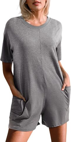 Happy Sailed Rompers for Women Casual Loose Crewneck One Piece Jumpsuits Overall Shorts Tee Romper with Pockets in Saudi Arabia