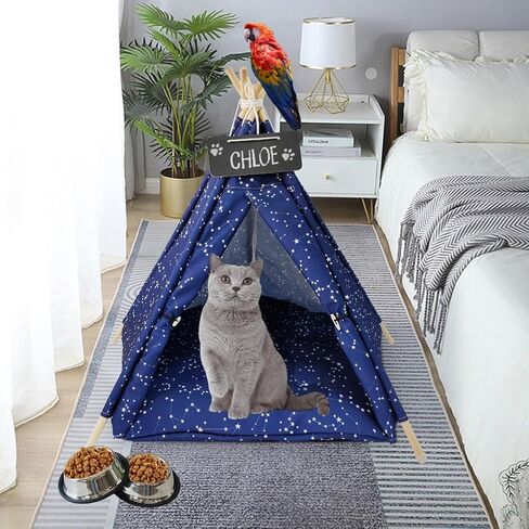INDOOR HIDEAWAY - Dog Teepee, Cute Dog Bed, Modern Dog Bed, Cat Teepee, Pet House, Fancy Dog Bed, Soft, Cozy, Puppy Tent, Dog Tent, Machine Washable (Blue with Stars and 2 Metalic Bowls) in Saudi Arabia