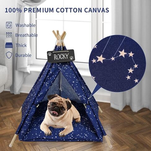 INDOOR HIDEAWAY - Dog Teepee, Cute Dog Bed, Modern Dog Bed, Cat Teepee, Pet House, Fancy Dog Bed, Soft, Cozy, Puppy Tent, Dog Tent, Machine Washable (Blue with Stars and 2 Metalic Bowls) in Saudi Arabia