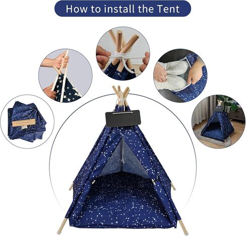 INDOOR HIDEAWAY - Dog Teepee, Cute Dog Bed, Modern Dog Bed, Cat Teepee, Pet House, Fancy Dog Bed, Soft, Cozy, Puppy Tent, Dog Tent, Machine Washable (Blue with Stars and 2 Metalic Bowls) in Saudi Arabia