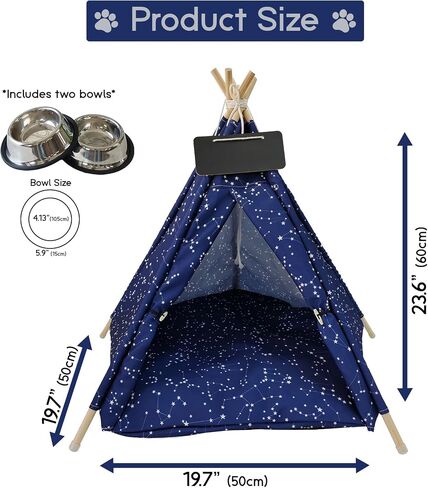 INDOOR HIDEAWAY - Dog Teepee, Cute Dog Bed, Modern Dog Bed, Cat Teepee, Pet House, Fancy Dog Bed, Soft, Cozy, Puppy Tent, Dog Tent, Machine Washable (Blue with Stars and 2 Metalic Bowls) in Saudi Arabia