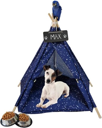 INDOOR HIDEAWAY - Dog Teepee, Cute Dog Bed, Modern Dog Bed, Cat Teepee, Pet House, Fancy Dog Bed, Soft, Cozy, Puppy Tent, Dog Tent, Machine Washable (Blue with Stars and 2 Metalic Bowls) in Saudi Arabia
