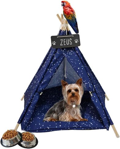 INDOOR HIDEAWAY - Dog Teepee, Cute Dog Bed, Modern Dog Bed, Cat Teepee, Pet House, Fancy Dog Bed, Soft, Cozy, Puppy Tent, Dog Tent, Machine Washable (Blue with Stars and 2 Metalic Bowls) in Saudi Arabia