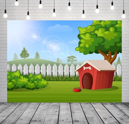 CORFOTO Fabric 7x5ft Outdoor Red Doghouse Backdrop Cartoon Farm Fence Dog House Background Green Grass Kennel Backdrop for Dog Pets Photography Pet Photo Booth Props Dogs Birthday Banner in Saudi Arabia