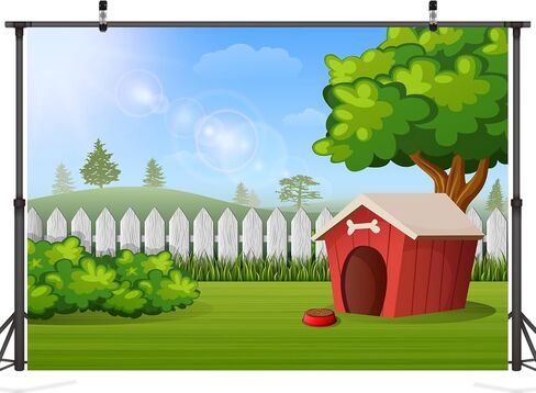 CORFOTO Fabric 7x5ft Outdoor Red Doghouse Backdrop Cartoon Farm Fence Dog House Background Green Grass Kennel Backdrop for Dog Pets Photography Pet Photo Booth Props Dogs Birthday Banner in Saudi Arabia