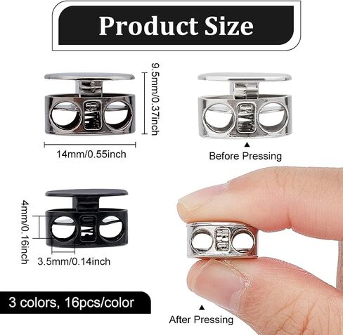 FINGERINSPIRE 48 قطعة من سدادات التبديل المعدنية ذات الفتحتين المسطحة وأقفال الحبل المصنوعة من خليط معدني (أسود، جونميتال، بلاتينيوم، 14 × 9.5 مم) قفل سدادة الرباط بدون أربطة حذاء ملابس على الظهر in Kuwait