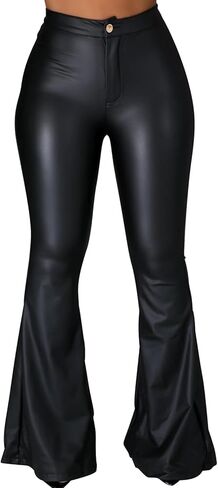 سروال ضيق من الجلد الصناعي للسيدات من Zebaexf، سروال ضيق من الجلد عالي الخصر ذو جرس سفلي in Kuwait