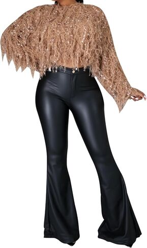 سروال ضيق من الجلد الصناعي للسيدات من Zebaexf، سروال ضيق من الجلد عالي الخصر ذو جرس سفلي in Kuwait