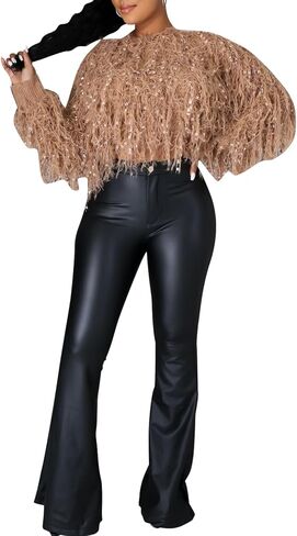 سروال ضيق من الجلد الصناعي للسيدات من Zebaexf، سروال ضيق من الجلد عالي الخصر ذو جرس سفلي in Kuwait