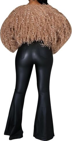 سروال ضيق من الجلد الصناعي للسيدات من Zebaexf، سروال ضيق من الجلد عالي الخصر ذو جرس سفلي in Kuwait