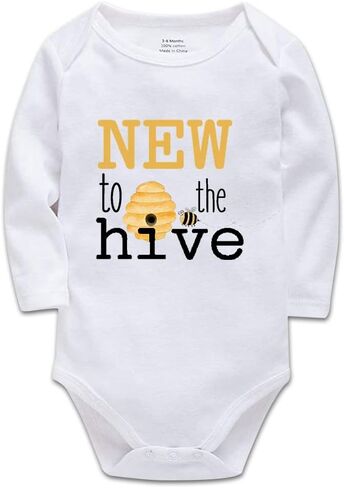 Bee Onesie- New to The Hive -New Baby Onesie Funny One-Piece Infant Baby Bodysuit0-24 Months Long Sleeve White in Kuwait