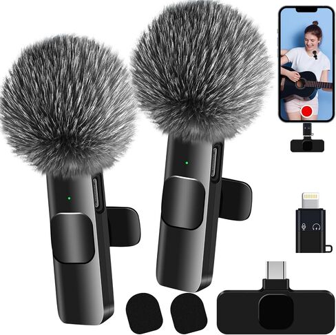 DAGIRT 2 حزمة ميكروفون لاسلكي Lavalier لأجهزة iPhone iPad وUSB-C Andriod، مشبك صغير لاسلكي على شكل طية صدر السترة، ميكروفون يعمل على تقليل الضوضاء للفيديو، YouTube، المقابلات، Vlog، Podcast، TIK Tok in Kuwait